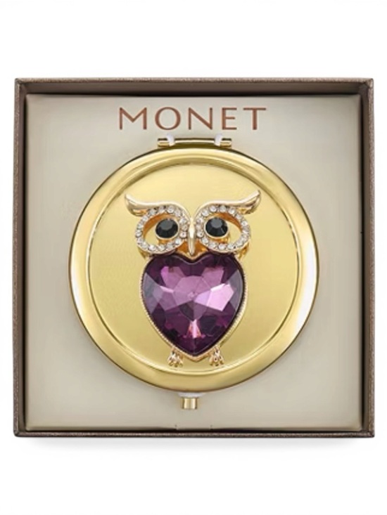 Monet Other - MONET Owl Compact Mirror Gold Tone Rhinestone Purple Crystal Figural New in Box